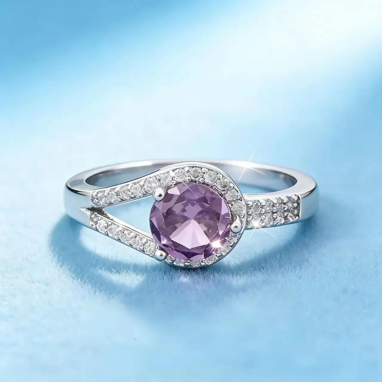 Women's Silver Plated Copper Ring Purple CZ Twisted Band Engagement Wedding Daily Wear Fashion Jewelry Gift for Her Birthday