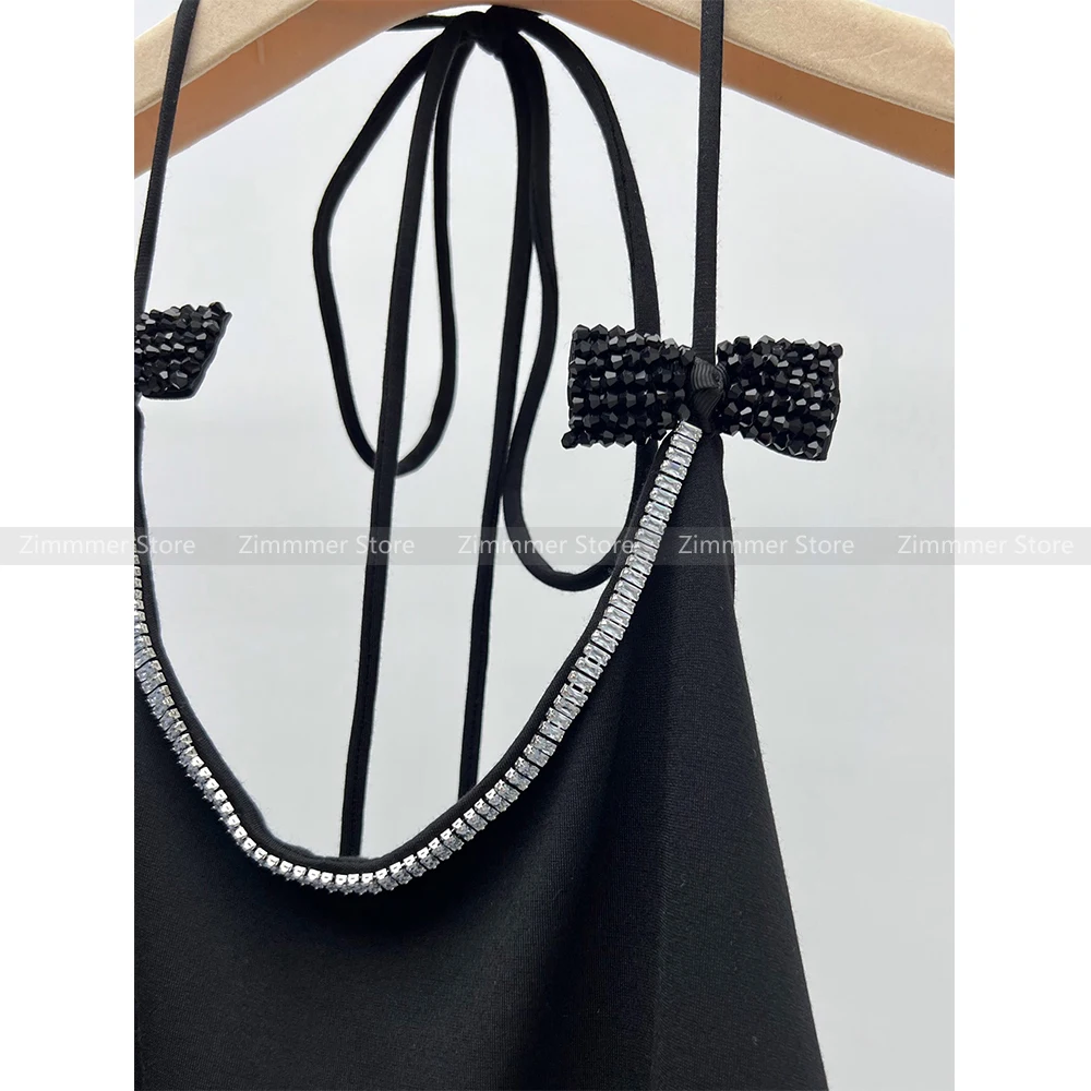 Hot girl pure desire style sexy bow handmade beaded mesh strap halter neck black short suspender dress