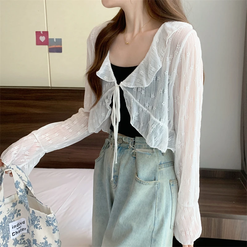 Women Summer Ruffles Sweet Cardigan Long Sleeved Lace Up Transparent Knit Short Coat V-neck BOHO Spring Beach Sunscreen Shirt