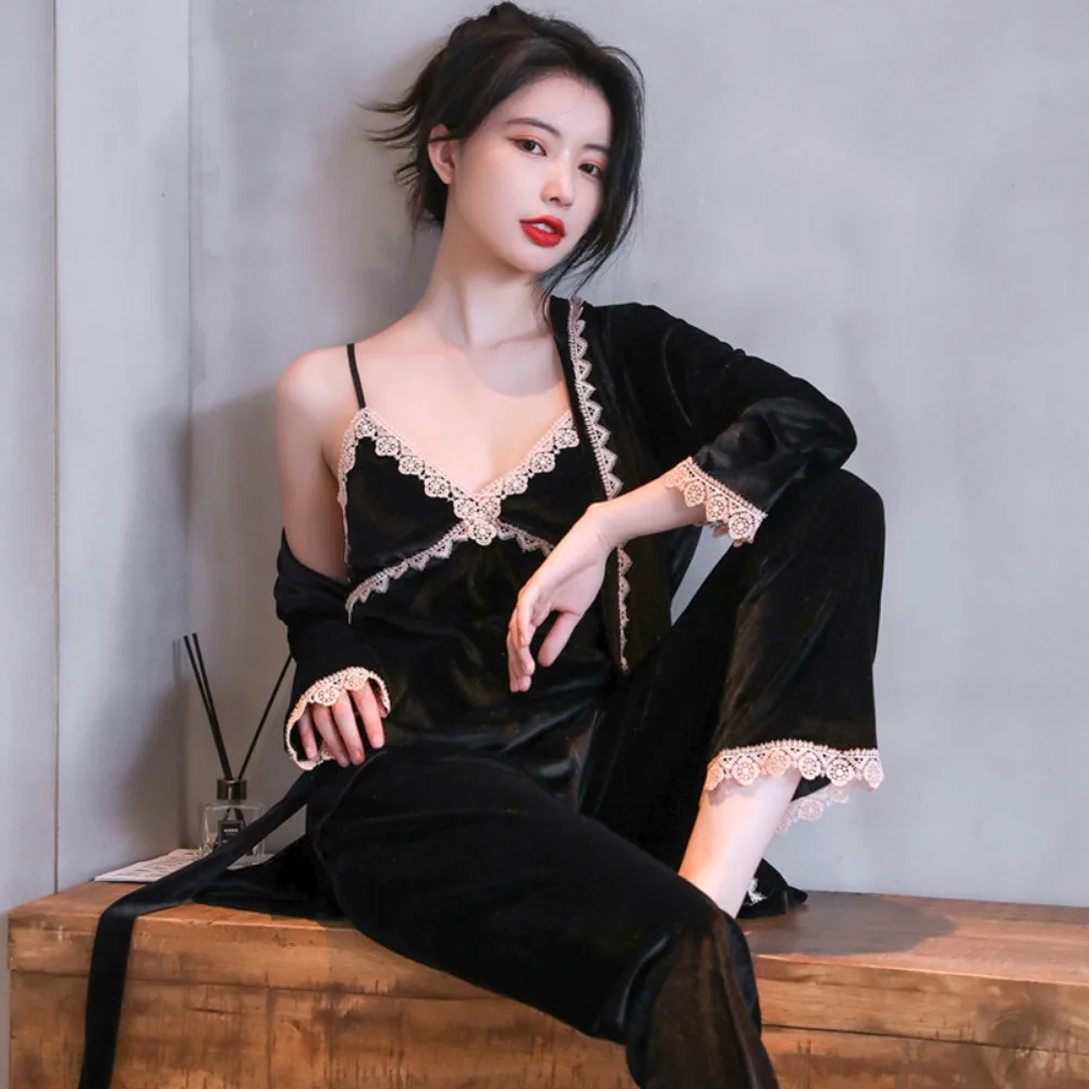 بيجامة الخريف والشتاء الذهبية المخملية بأكمام طويلة سترة الدانتيل دعوى ملابس منزلية عصرية عالية الجودة