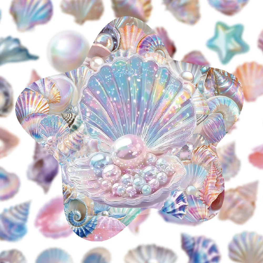 50PCS Shell PET Sticker Beautiful Shell Starfish Pearl Conch Dreamy Art Romantic Collection DIY Water Cup Guitar Scrapbook Deco