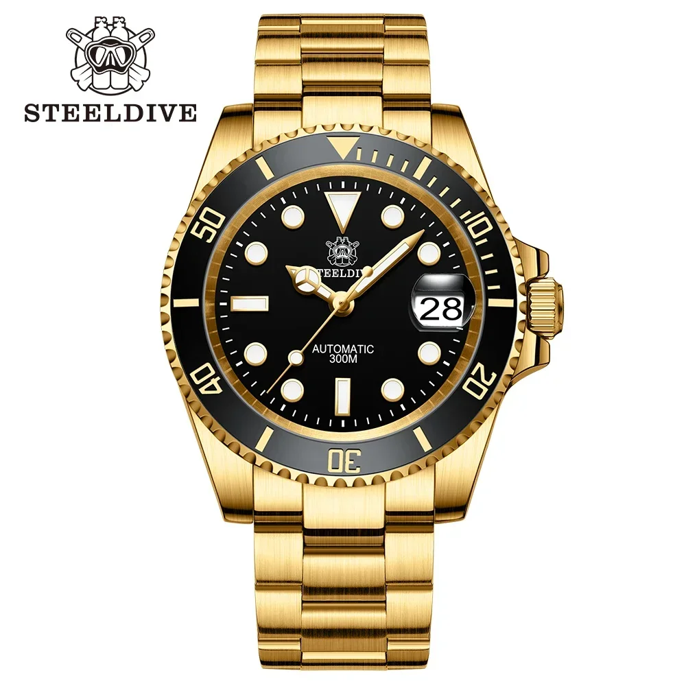 STEELDIVE Brand SD1953IPG 40.5mm IPG Gold Case Ceramic Bezel 30ATM Water Resistant NH35 Automatic Mens Dive Watch Reloj