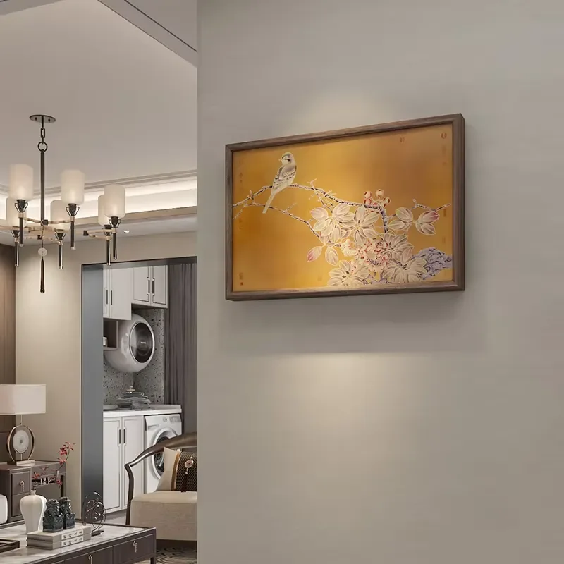 Zen Flower Brass Panel Hydraulic Flip-Cover for Electrical Box Hand-made Retro Style Wall Decor in Solid Wood Frame