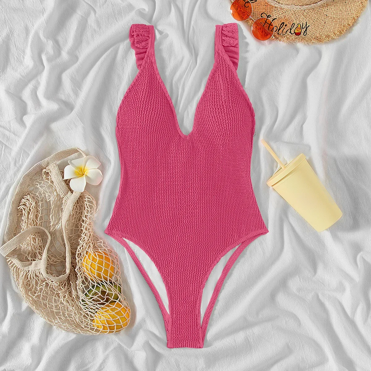 

2024 Solid Color Women's One Piece Swimsuit,sexy Ruffle Backless Cross Suspender Bikini,V-neck Slim Summer Beach Monokini Y288