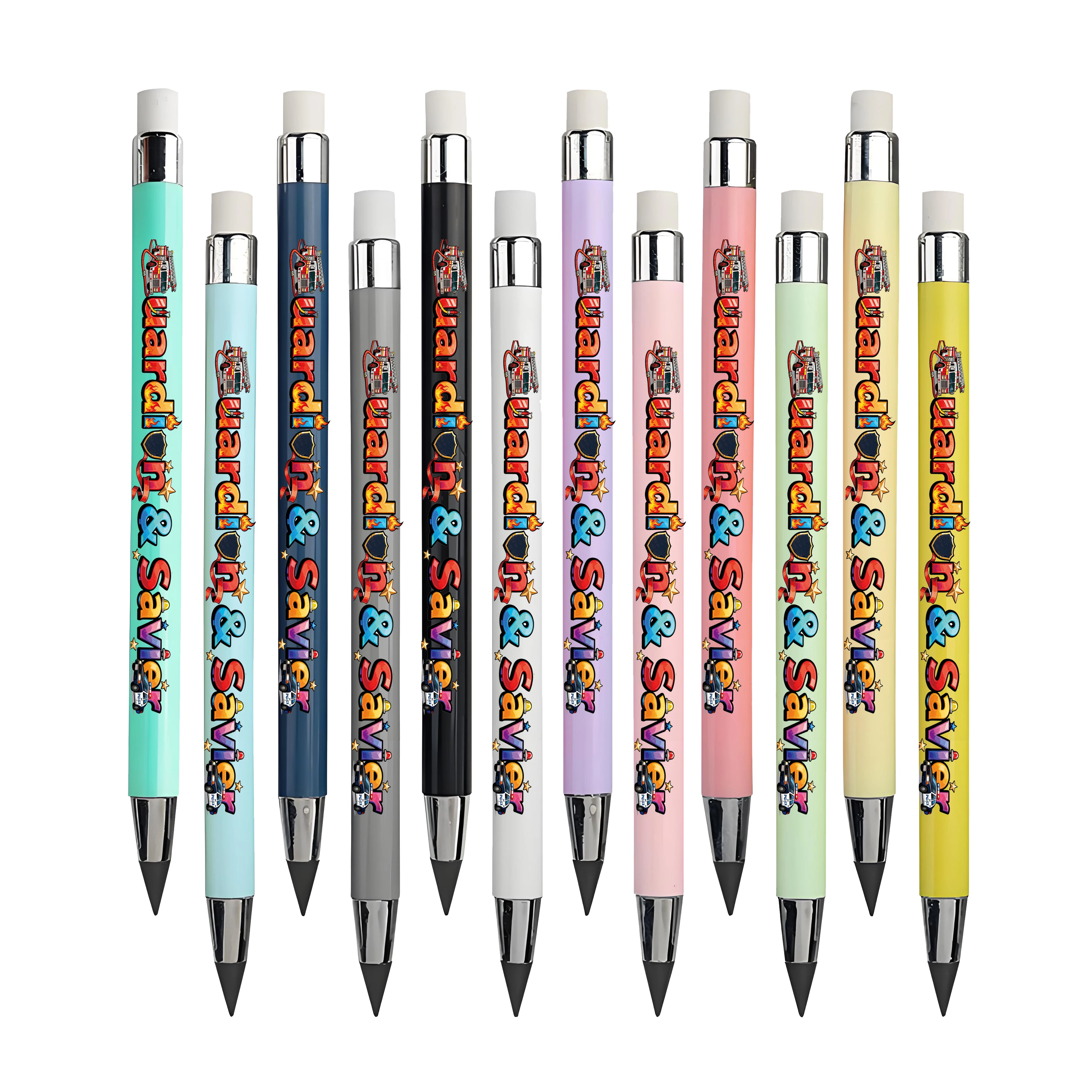 12 قطعة/24 قطعة سيارة إطفاء سيارة شرطة قلم رصاص أبدي سلسلة حارس الحياة أسود غير شحذ قلم رصاص أبدي رسم قلم رصاص