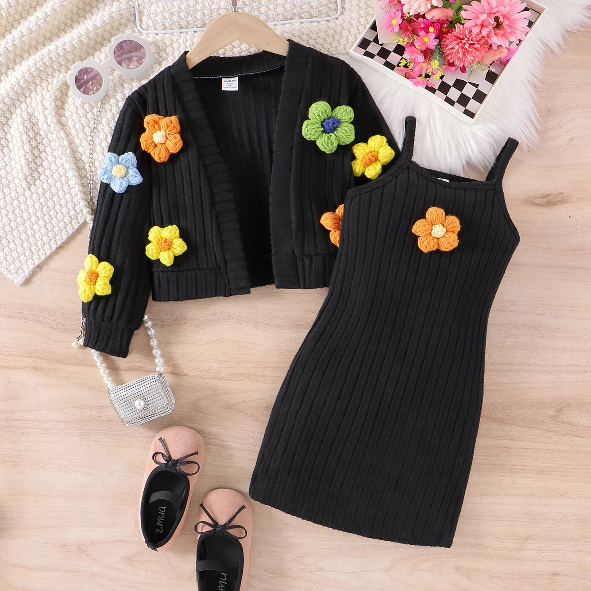 Autumn  winter new small  medium-sized girls foreign three-dimensional flower knitted cardigan long-sleeved black dress set image 4