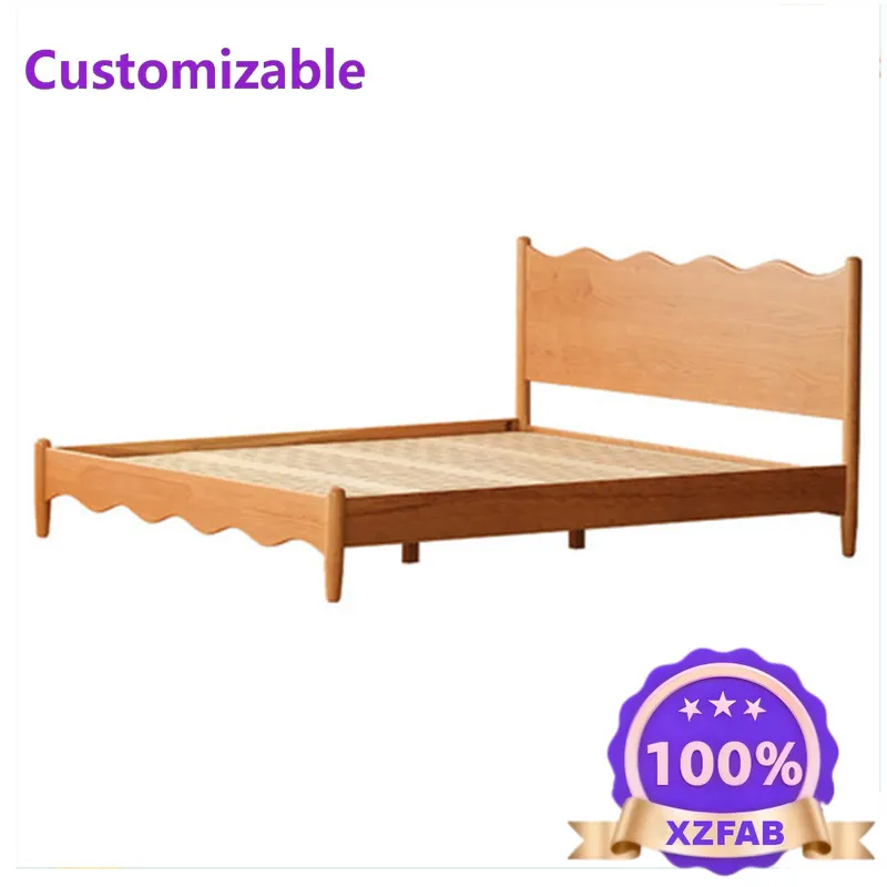 Factory Direct 2026 Solid wood bed cherry wood Japanese-style small apartment retro furniture wavy simple log 1.8 meters double