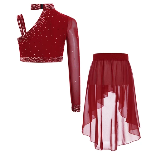 Imagen 2 del producto Traje de baile lírico para niñas, conjunto de falda y Tops de danza moderna con diamantes de imitación brillantes, vestidos de patinaje artístico, trajes de actuación