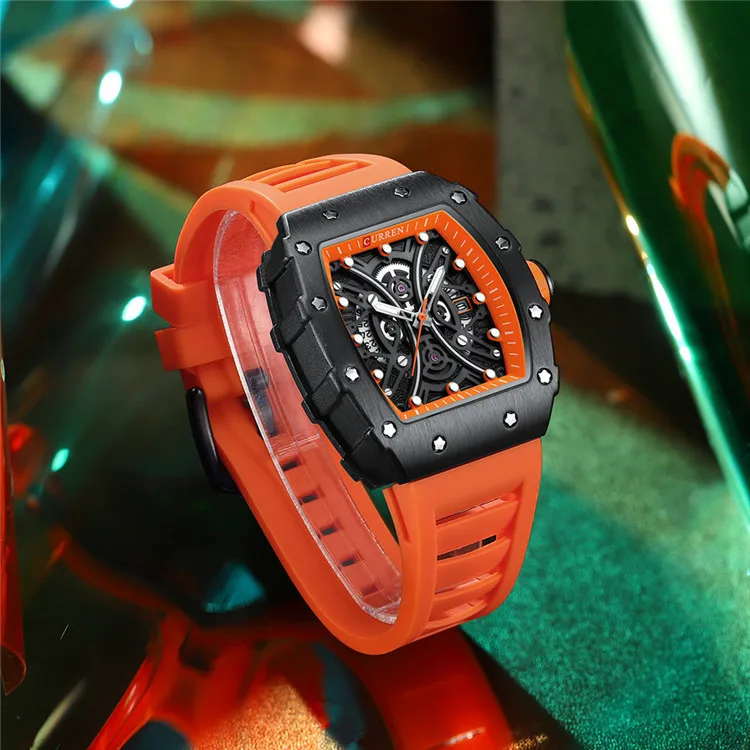 Reloj de pulsera de cuarzo para hombre, cronógrafo de marca de lujo, con esqueleto de Tonneau, con correa de silicona, Masculino