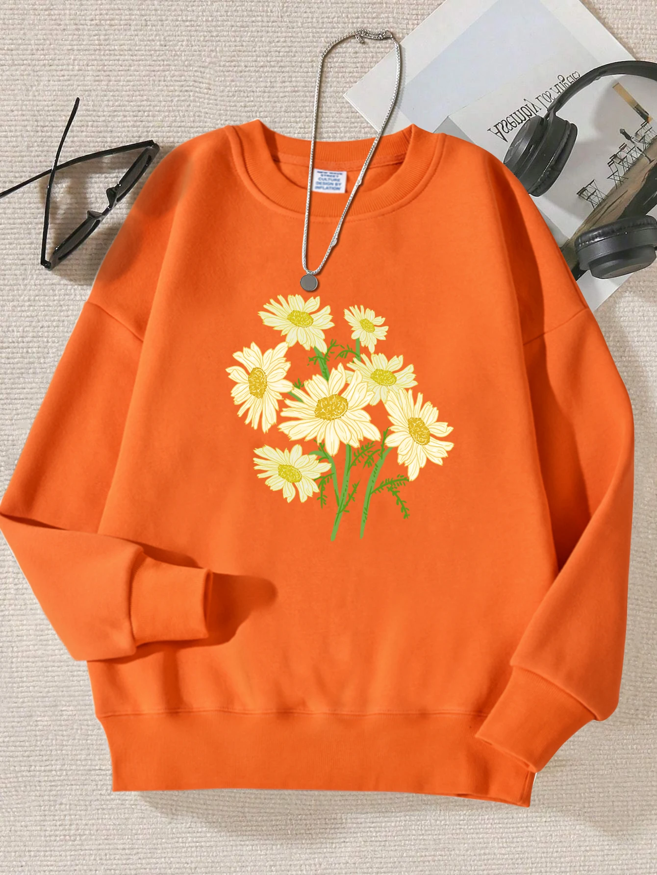 Yellow Flowers Print Female Pullovers Harajuku Fashion Sweatshirts Autumn Loose Tracksuit Woman Trendy Multicolor Clothing