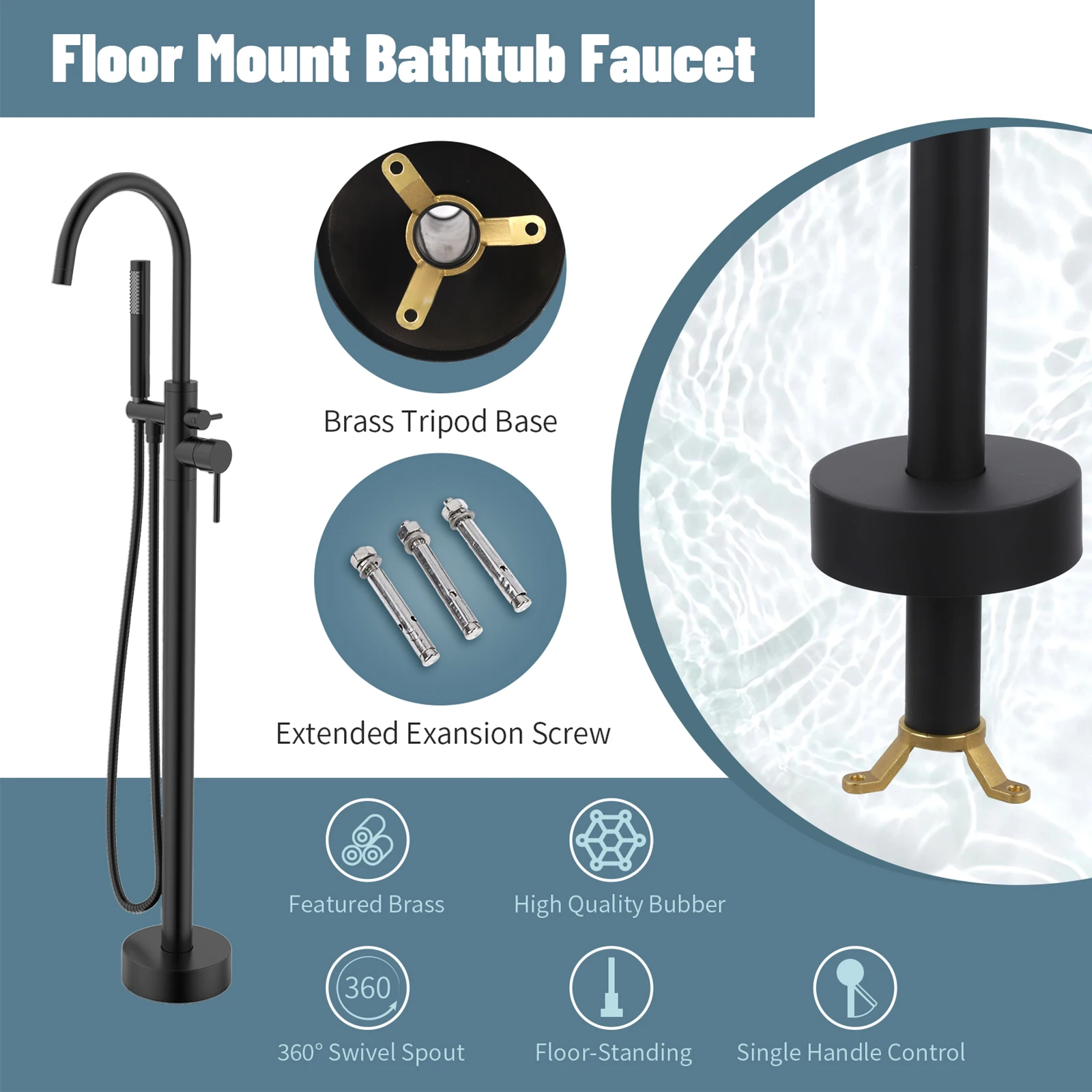 

Matte Black Bathtub Shower Faucets,Floor Standing Faucet Hot Cold Water Shower Tap,Round Spout Mixer Tap,Portable Tub Filler