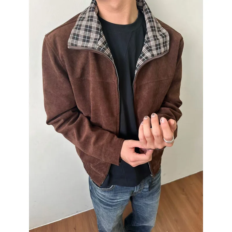 

EME "Amber Flowing Light" Color-Block Lapel Old Money Style Zipper Plaid Lined Bomber Jacket Coat