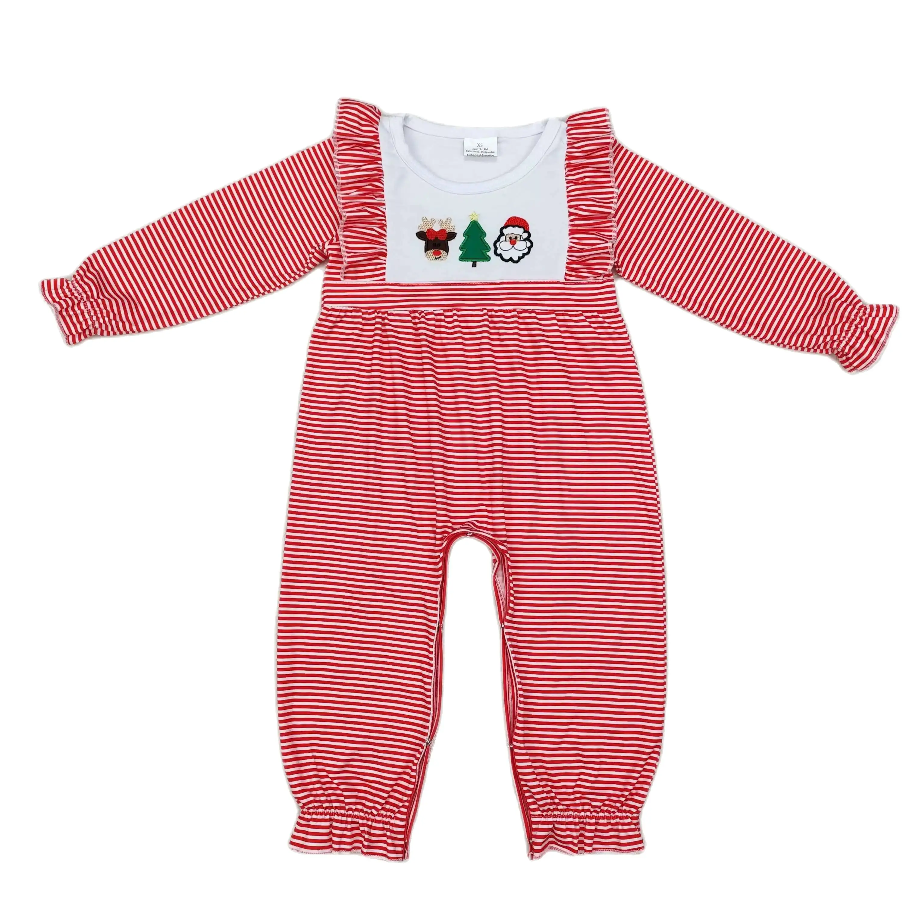 Wholesale Baby Girl Christmas Santa Kid Children Long Sleeves Stripes Jumpsuit Newborn Toddler Embroidery One Piece Romper