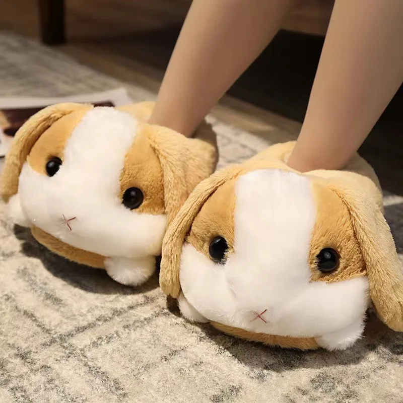 Cartoon New Designer Home Slippers Furry Hamster Cotton Slippers Fluffy Fur Big Ears Rabbit Indoor Warm Sandals Plush Slides