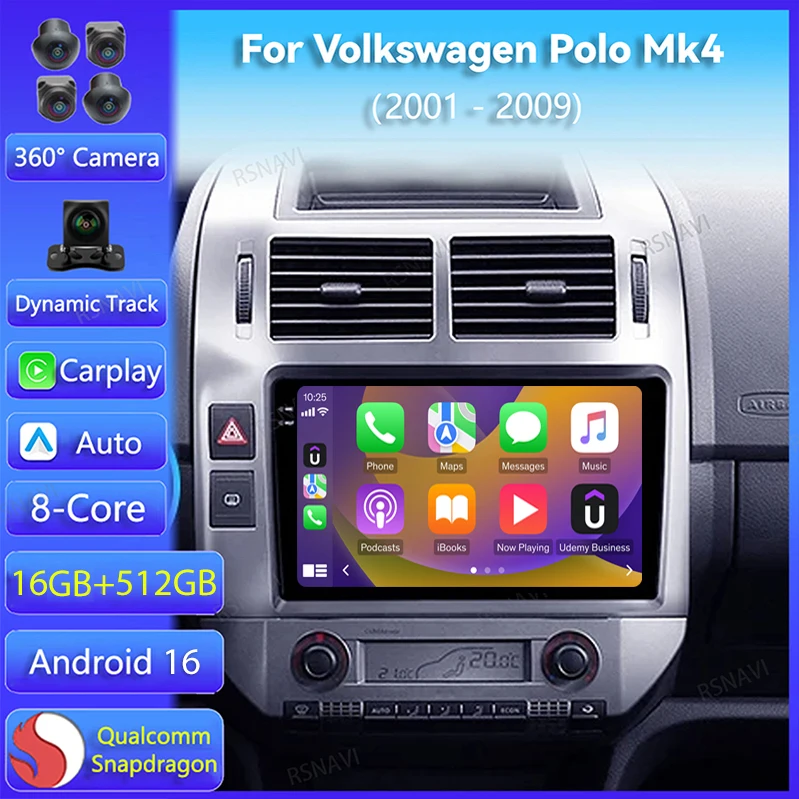 Android 16 Car Radio For Volkswagen Polo Mk4 IV 4 2001 - 2009 Carplay Auto Navigation 2Din Video DSP Stereo GPS Head Unit Player