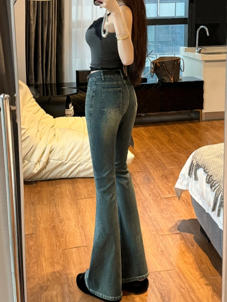 레오파드 프린트 스카프 벨트 청바지 여성 여름 2025 하이웨이스트 밴딩 슬림핏 다용도 스트레이트 마이크로 플레어 팬츠