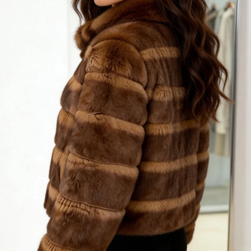 High-Quality Winter New Stripe Rabbit Fur Coat Women's Short Fashion Stand Collar Integrated Leather Thick Warm Upper Jacket