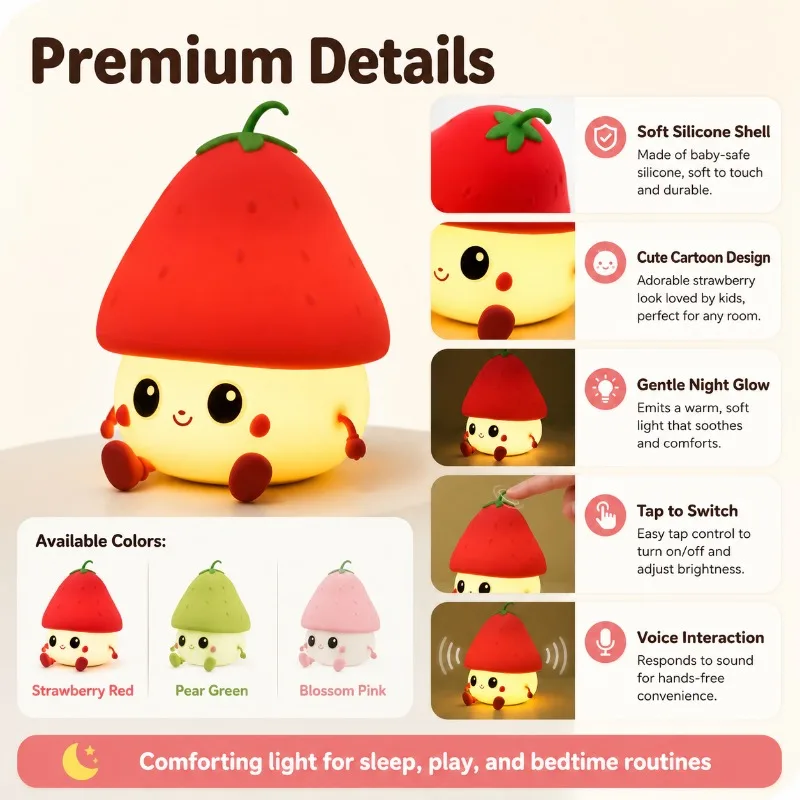 Cute Strawberry Night Light Silicone Tap Lamp Voice Control Kids Bedside Nursery Sleep Light Baby Girl Birthday Gift Decor