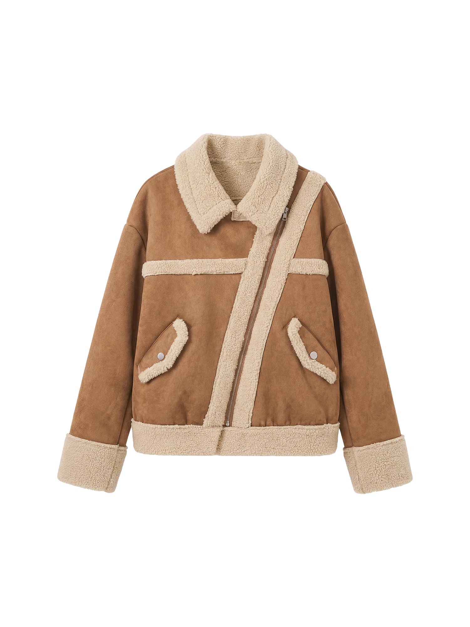 Warme koffiekleurige retro jas Damesjas van imitatiebont en leer Kleur Blo Winterbuitenkleding Sli Cact Design Damesmode