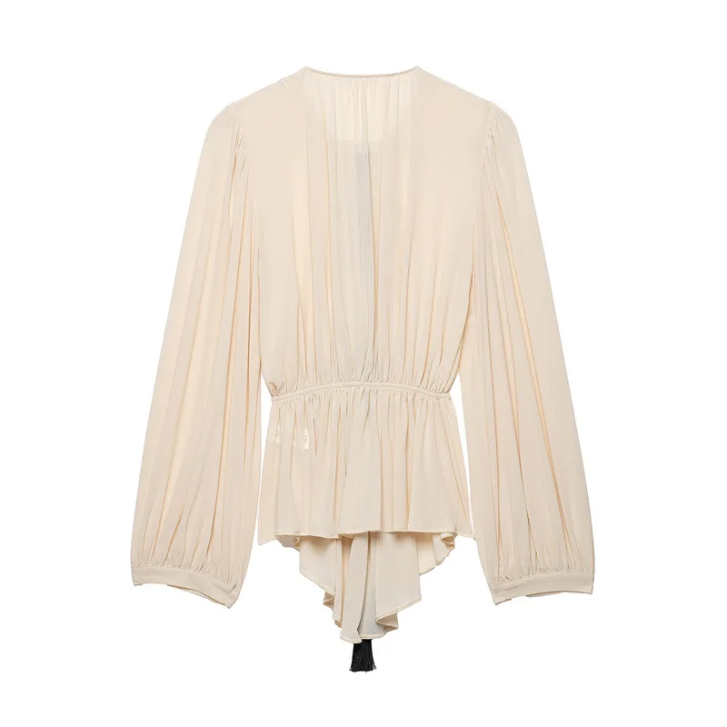 Romantic Style Women's Shirt Gauze Long Sleeve Waist Cinched Tie Drape Top European Style A-Line Sleeve round Neck Zipper Clo...
