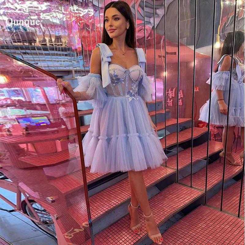 

Qunque Sexy Light Blue Short Prom Dresses Bow Straps Sparkly Sequin Birthday Gowns Puff Sleeves For Evening Dress Robe De Soiree