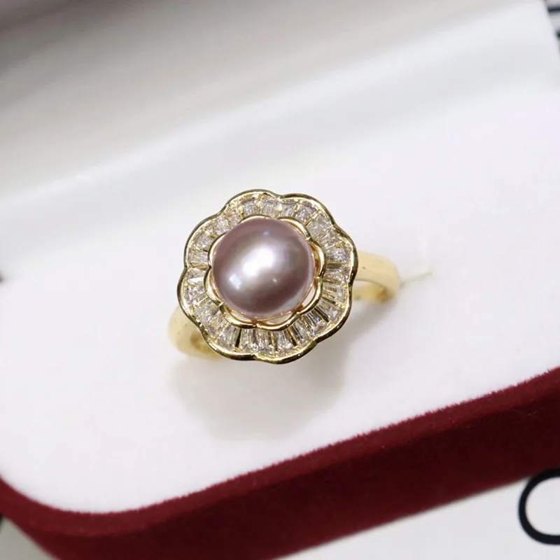Freshwater Pearl Ring for Women 8-9mm Strong Luster Slightly Flawed Niche Open Design 18k Full Zircon Micro Inlay Jewelry 109