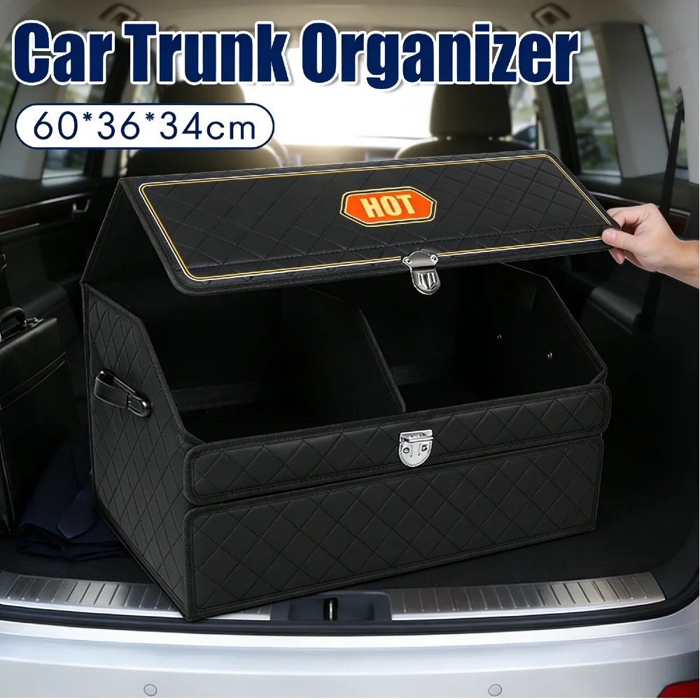 

Dual-Layer Car Storage Caddy Magnetic Alloy Lock Collapsible Adjustable Leather Trunk Organizer for SUV Cargo Van Accessories