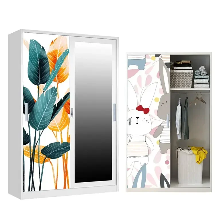 Multifunctional Bedroom Wardrobe Printing Sliding Door With Mirror And Drawer Wardrobe Designs Steel Clothes Cabinet