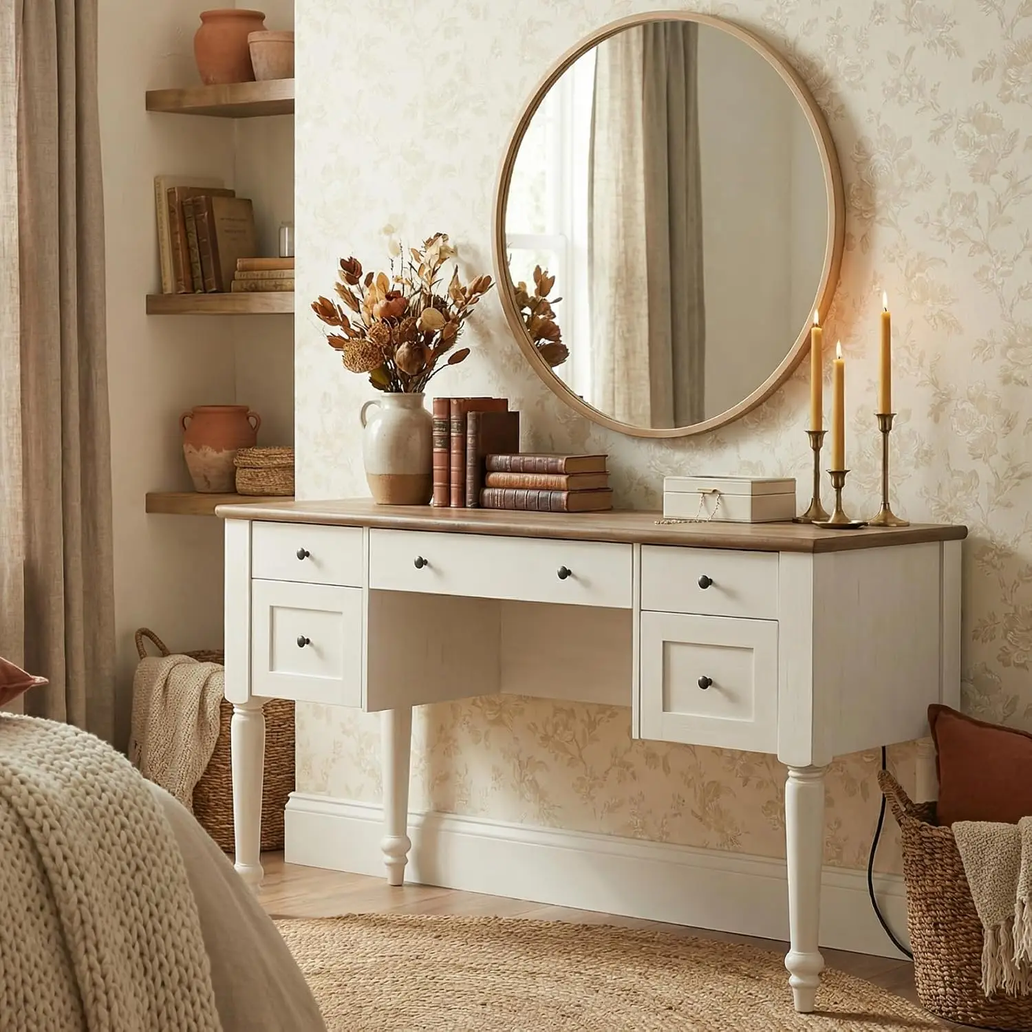 Farmhouse Vanity Desk 5 Drawers White Makeup Table Charging Station Cabinet Shelf Bedroom 56 Inch, Customized