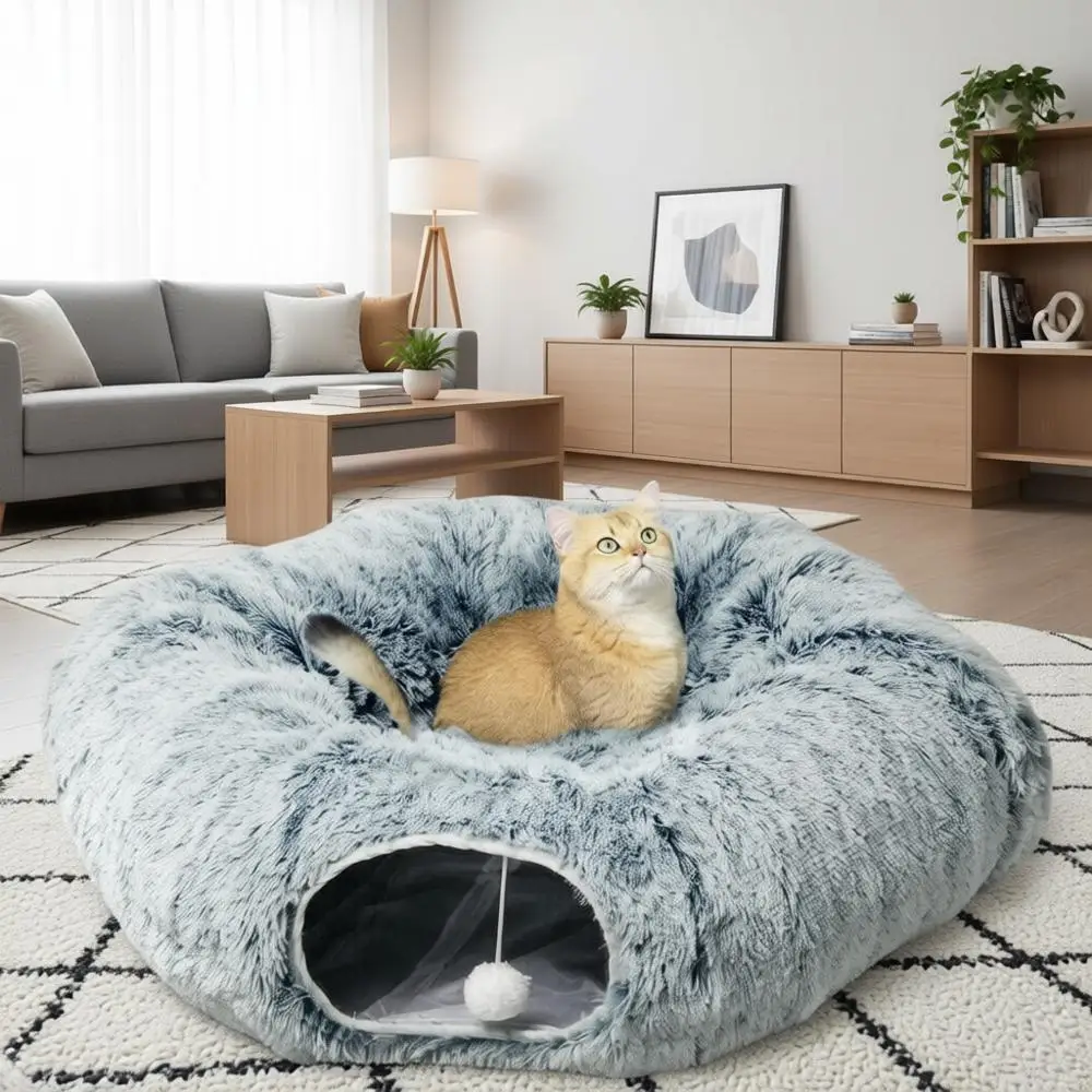 

Тоннель для кошек в виде рождественской елки, тоннель-пончик с мягким плюшевым круглым матрасом для домашних кошек, котят, щенков, кроликов, хорьков (серый)