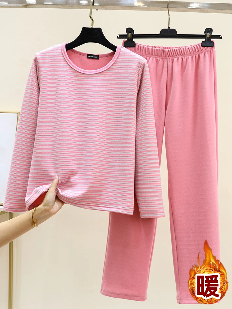 Thickened Fleece Lined round Neck Women's Sleepwear Set Warm Home Clothes Double-sided Velvet Winter Size Large Innerwear