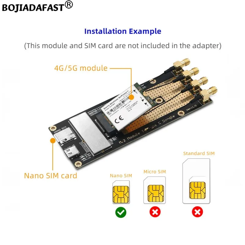 USB Type-C To NGFF M.2 Key-B Slot Wireless Adapter 1 Nano SIM Card Holder 4 Antenna For RM520N-GL SIM8200 5G 4G LTE Modem Module