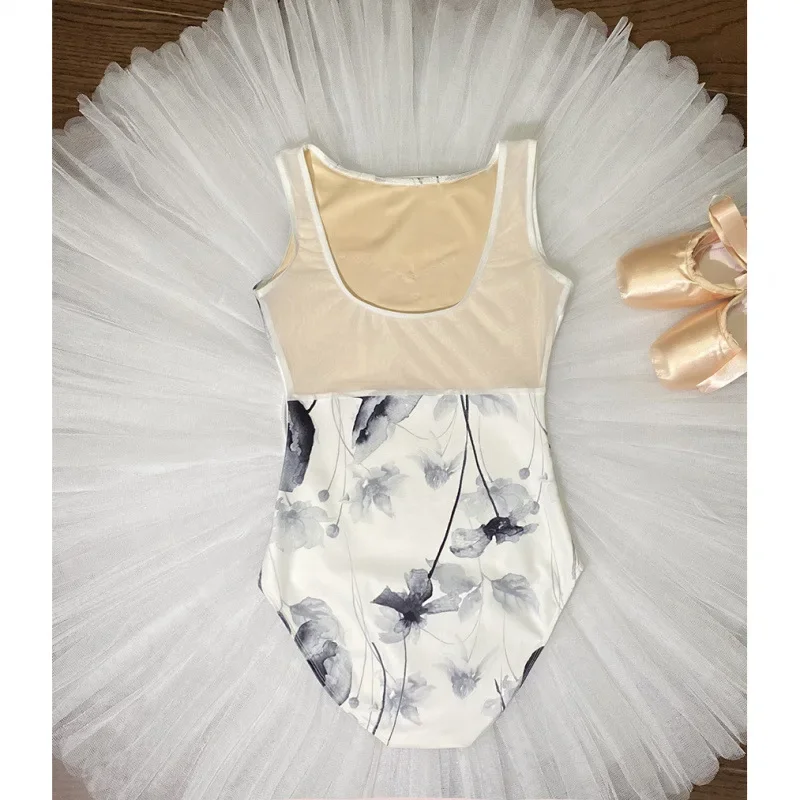 Женский балетный танцевальный трико с цветочным принтом, новинка 2025, без рукавов, гимнастический танцевальный костюм для взрослых, балетный трико высокого качества
