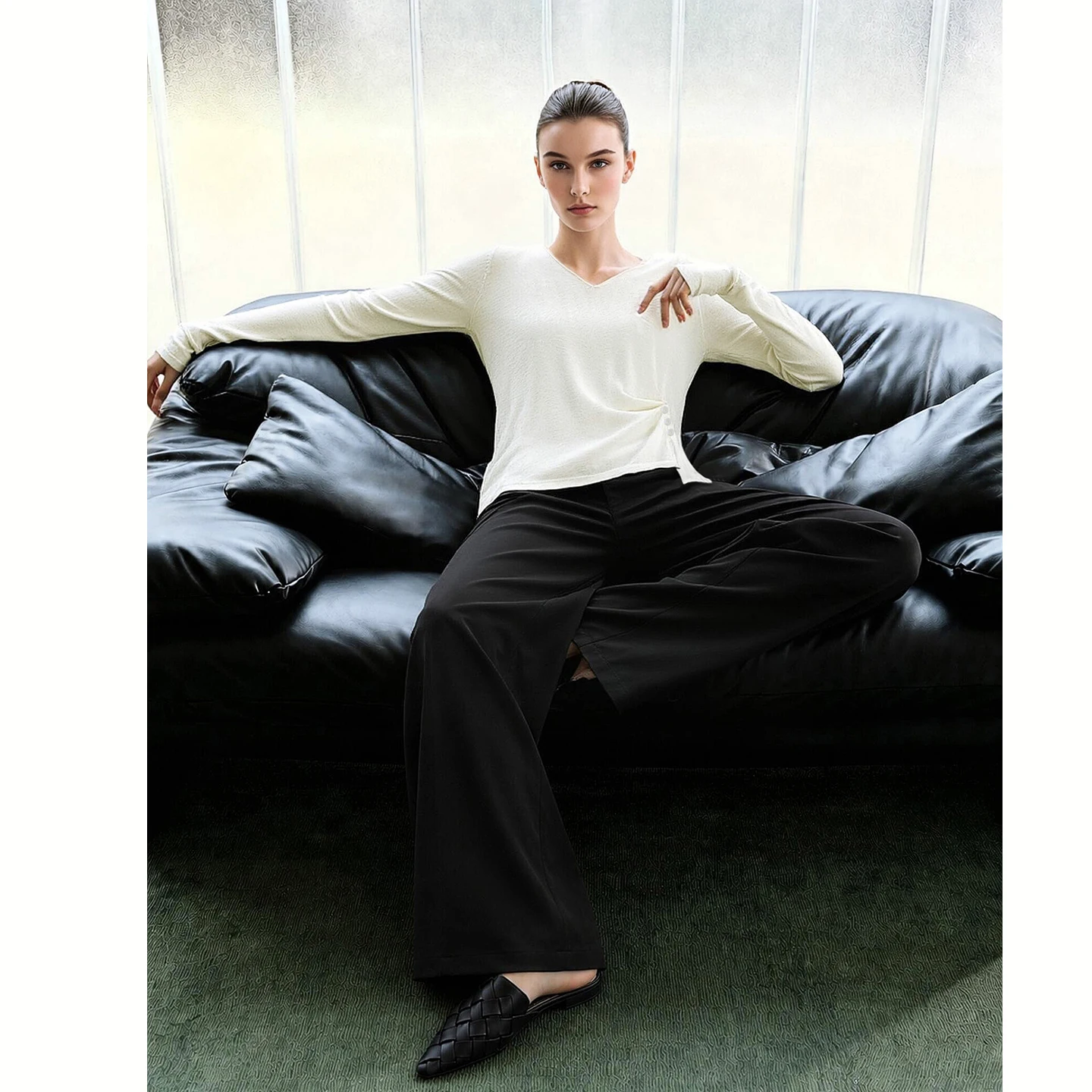 Amii Elegant Commuter V Neck Knit Tops Women New Arrival Autumn Button Pleated Split Long Sleeve Pullover Slim Sweater 12613029