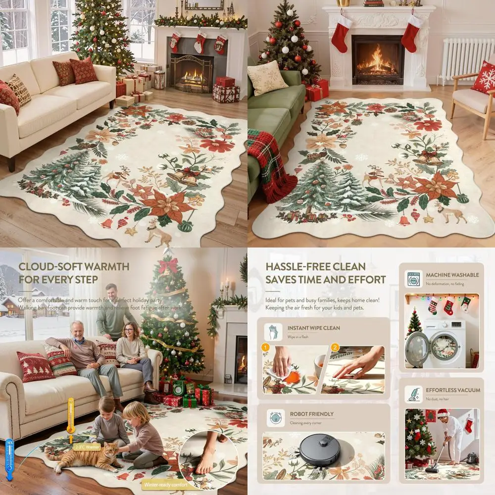 

Large 5x7 Christmas Rugs - Soft, Stain-Resistant for Living Room and Dining Area, Beige/Multicolored