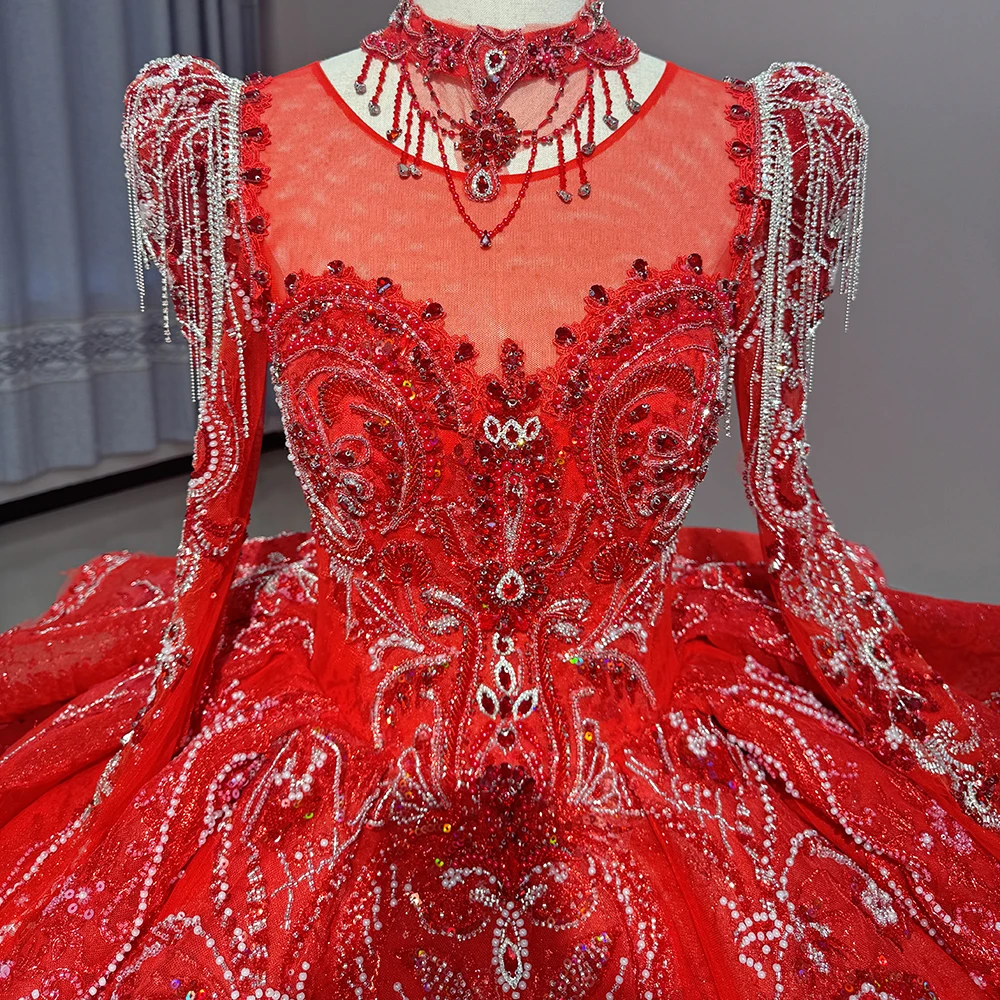 Vestido de fiesta de diseño Popular de manga larga personalizado, vestidos de novia rojos 2026 con cuello redondo, vestido de novia de princesa con gradas