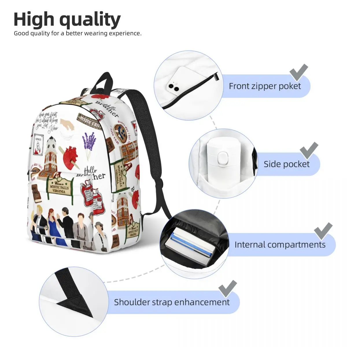 Der Vampir Tagebücher Cartoon Rucksack für Männer Frauen Teenager High School Business Daypack TV-Serie Laptop Segeltuch taschen mit Tasche