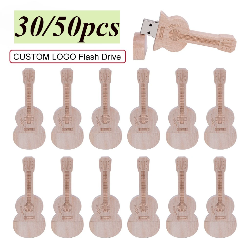

30/50pcs/lot customized wooden guitar pen drive 4GB 16GB usb flash drive memory Stick pendrive 32GB 64GB 128GB Cle usb Free Logo