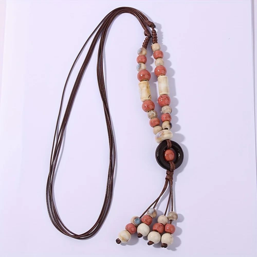 Bohemian style long ceramic tassel necklace for women, vintage and chic fashion jewelry, Bohemian ethnic style necklace