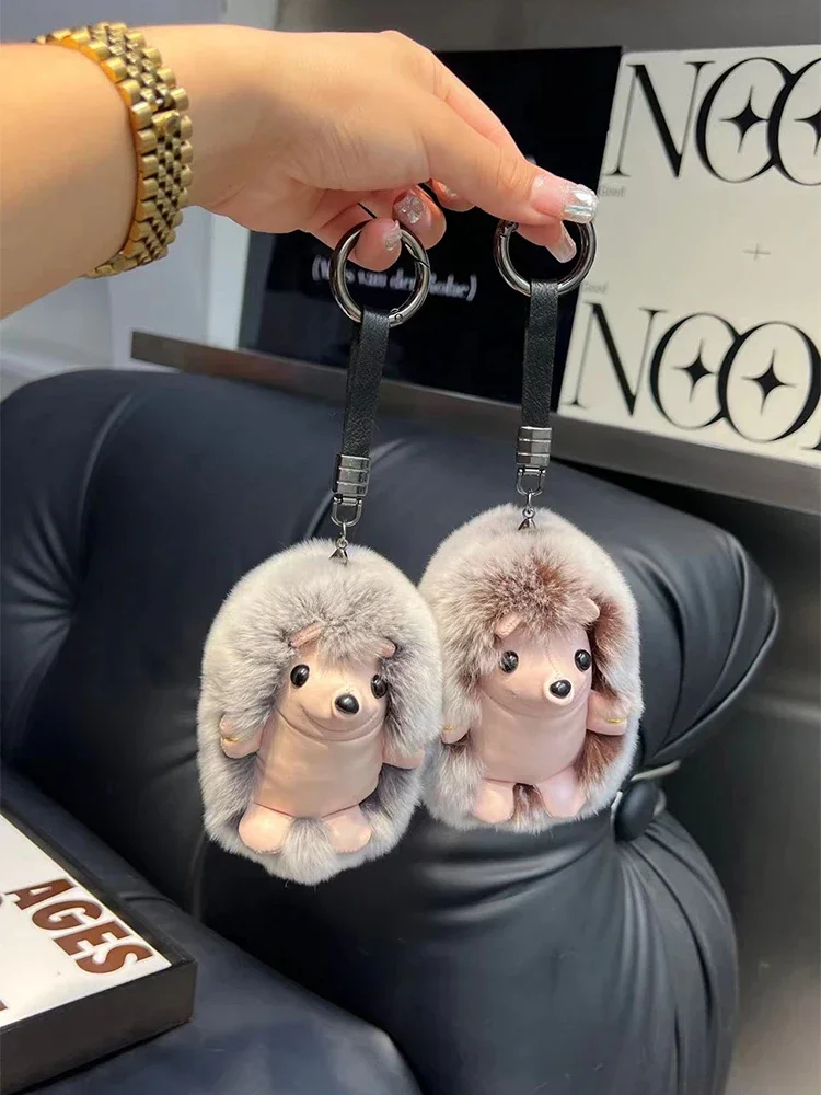 Cute Hedgehog Real Rex Rabbit Fur Key Chains Plush Toy Pendant Kids School Bag Hanging Ornaments Women Car Keyring Trinkets Gift