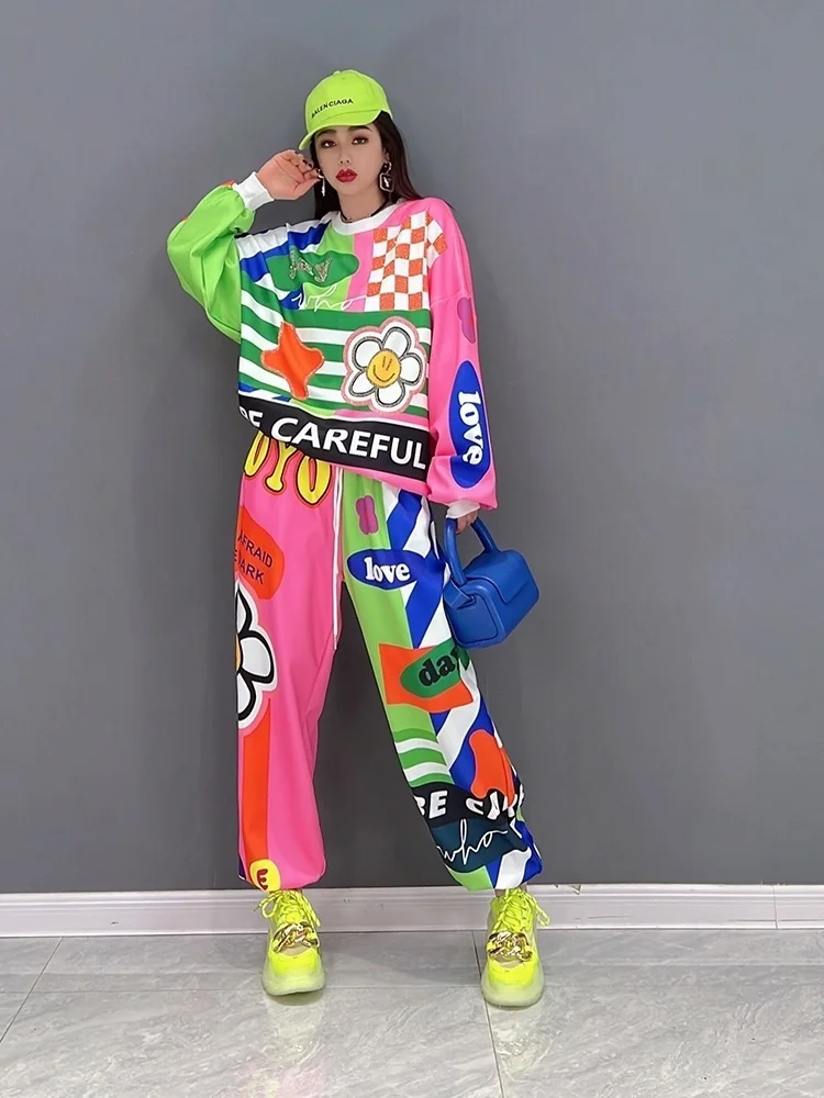 2024 Spring Autumn Women New Flowers Color Letter Printing Leisure Long Sleeves Crew Neck Sweatshirt And Pant Sets LHX1788