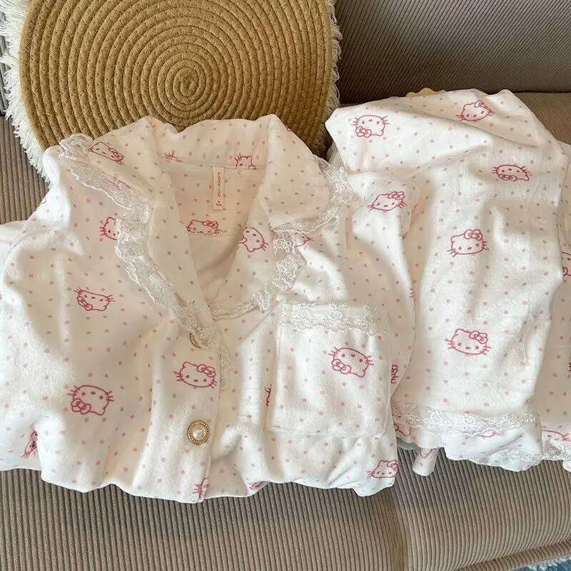 

Женский пижамный комплект Sanrio Hello Kitty, одежда для сна, кружевная одежда в горошек на флисовой подкладке для женщин, осенне-зимняя домашняя одежда, теплая утолщенная одежда
