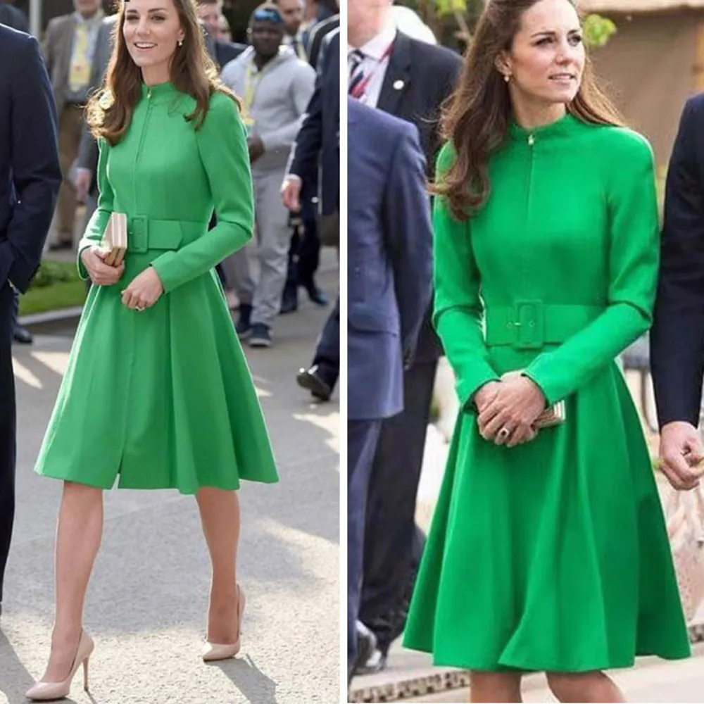 

2023 New Arrival Kate Middleton Dress Clothes For Women Long Sleeve Spring Autumn Fall Midi A Line Belted Dresses Female Vestido