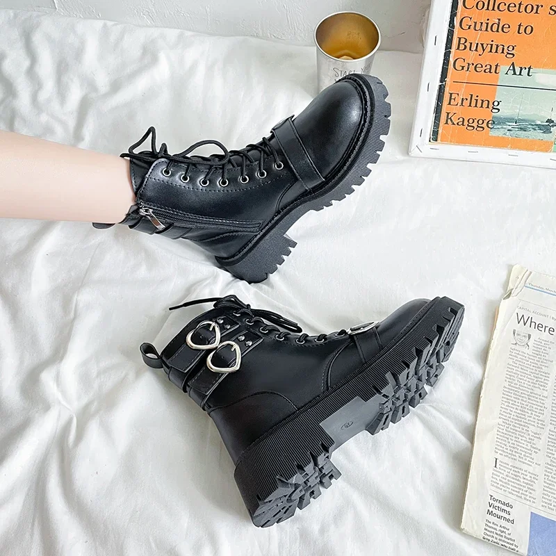 Heart Buckle Chunky Platform Ankle Boots Women 2024 Autumn Pu Leather Thick Bottom Short Boots Woman Black Motorcycle Shoes