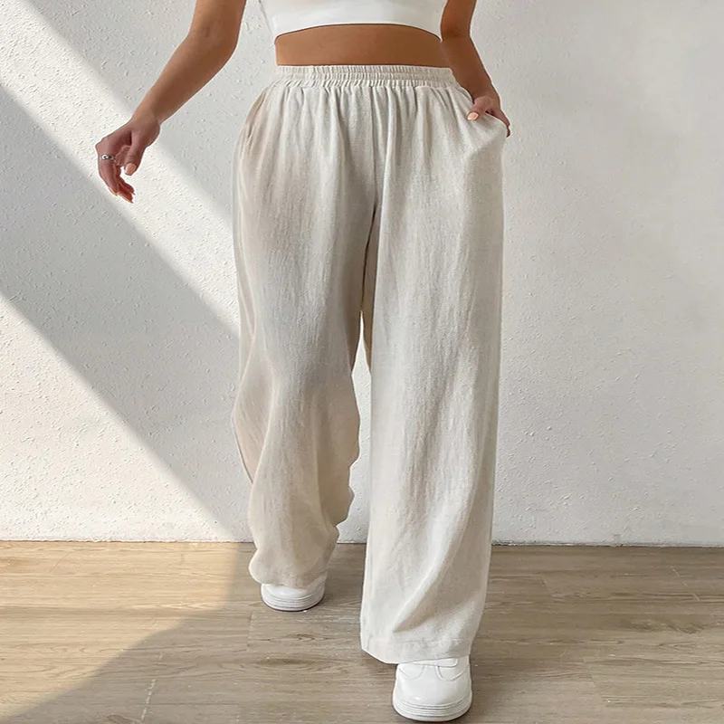 Women's Summer Cotton Linen Loose Pants Wide Leg Pants Pantalones De Tela Cintura Alta Streetwear Pantalones Mujer Modernos