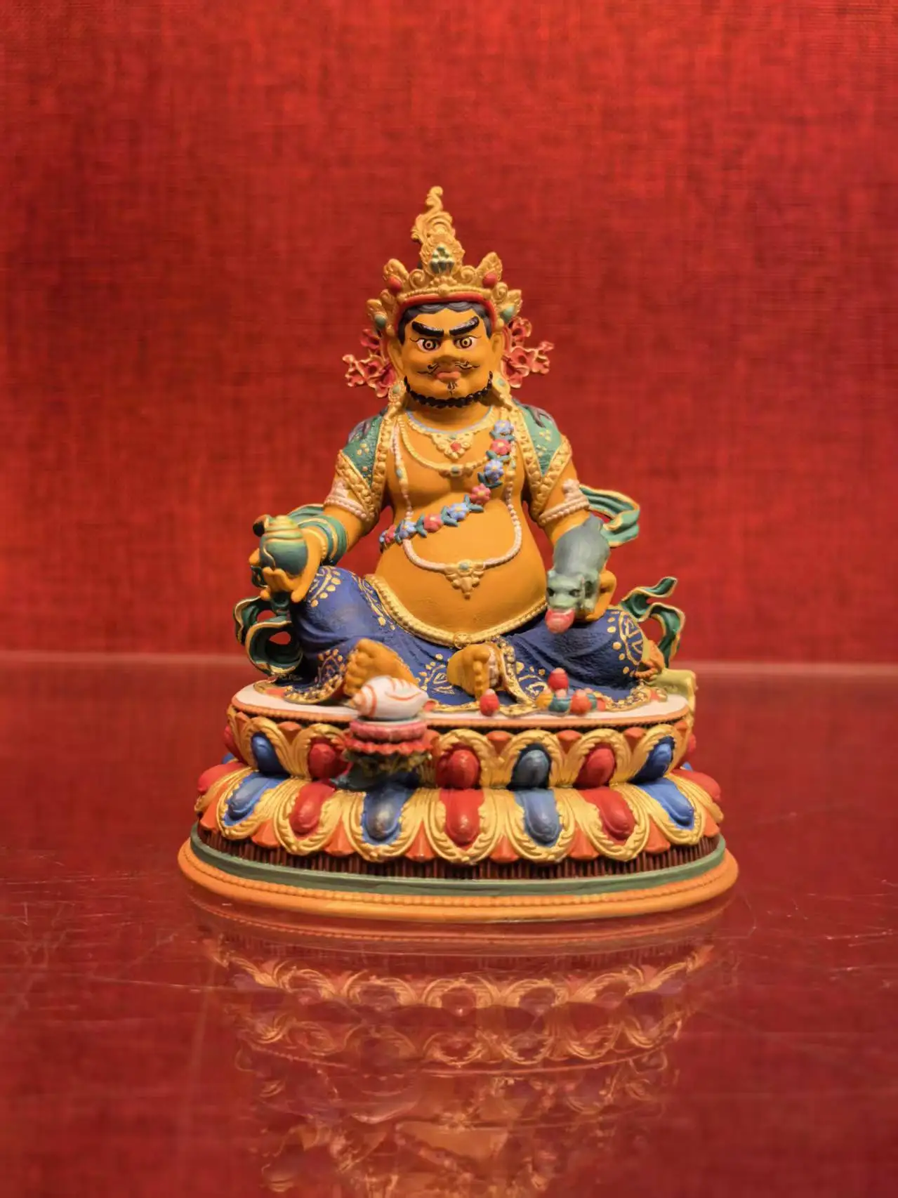 Painted Yellow God of Wealth Pure Copper Buddha Statue Height 10cm Mineral Pigment
