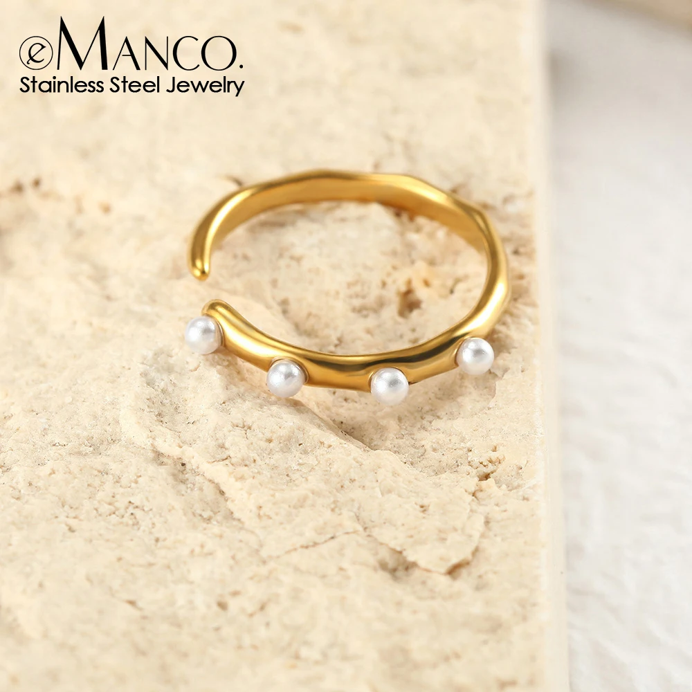 EMANCO  Fashion Imitation Pearl Rings Stainless Steel Glamour Chic Ring 18K Gold Plated Waterproof Jewelry for Women