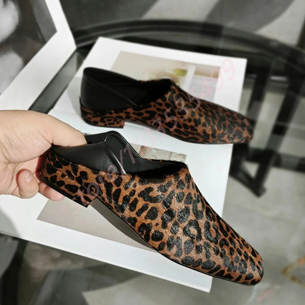 

Genuine Leather Flat-Soled Women's Casual Loafers 2025 Spring New Square Leopard Print Horse Hair Slip-On Shoes Street Fashion