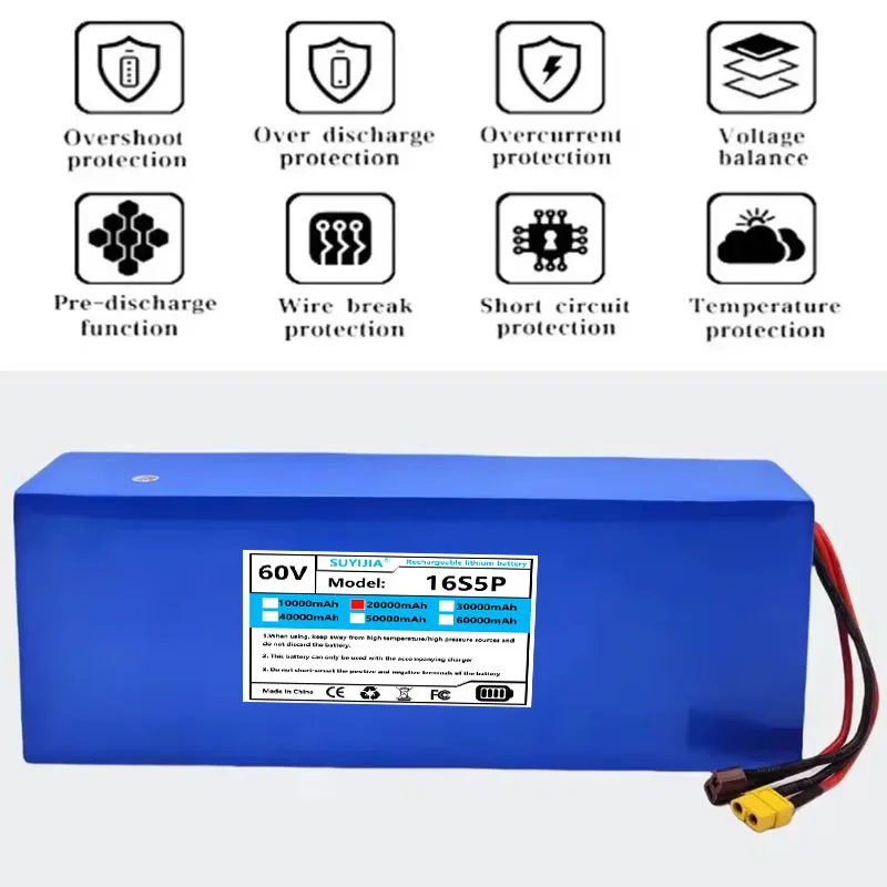 New 60V 20Ah 18650 16S5P Lithium Battery Pack, Advantageous Battery 2000W High-Power Rechargeable Battery with BMS