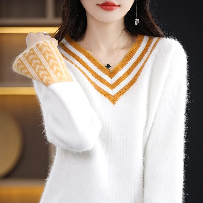 2023 Autumn/Winter New V-neck Women\'s Sweater 100% Pure Mink Cashmere Knitted Long Sleeve Pullover Women\'s Underlay Warm Top